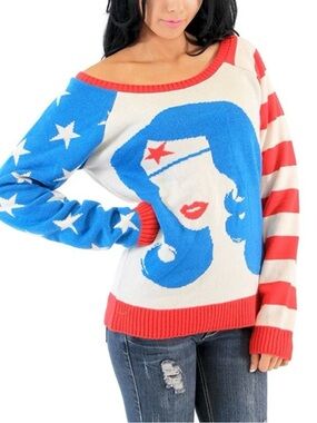 Junk Food Wonder Woman Sweater Sz Small Knit DC Comics Logo Pullover Patriotic